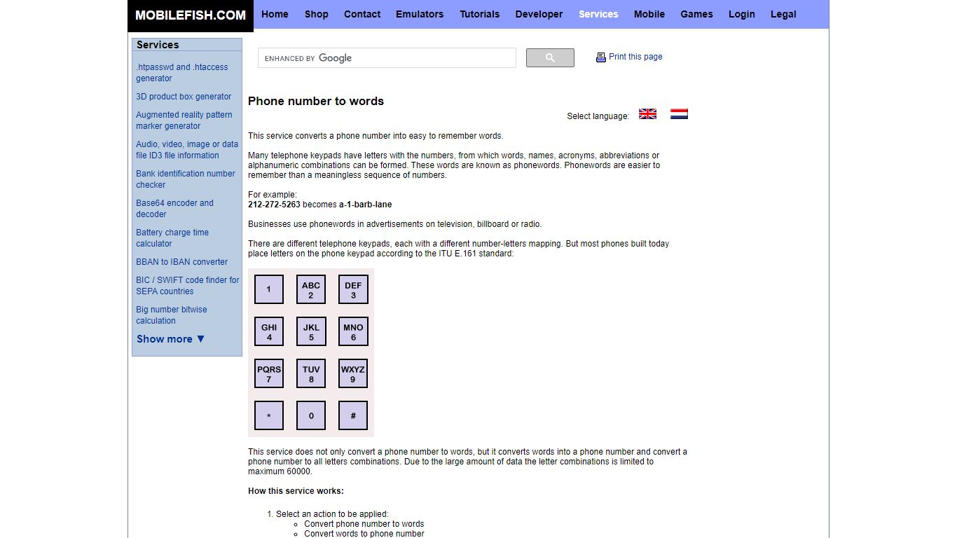Mobilefish.com - Phone number to words